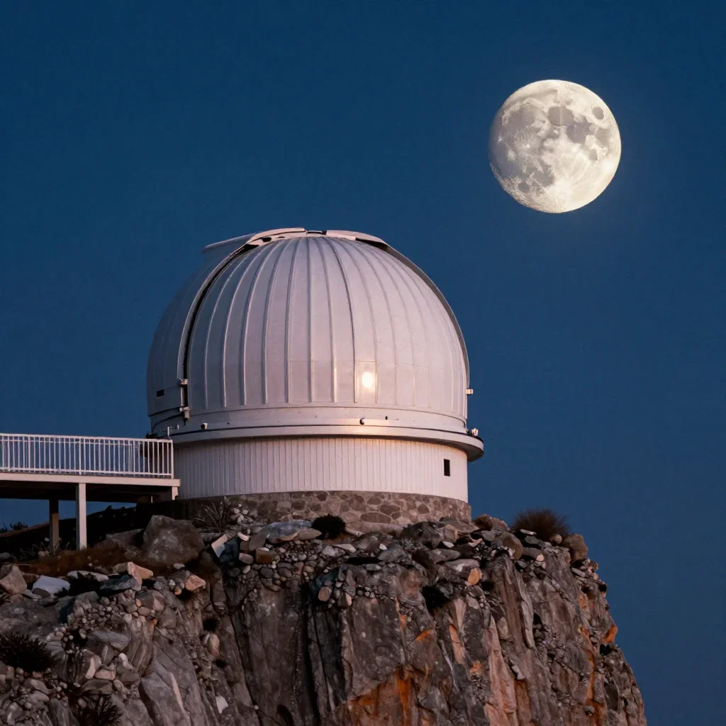 a cliffside observatory at moonrise, cinematic architectural photography, subtle film grain, indigo and pearl palette, n