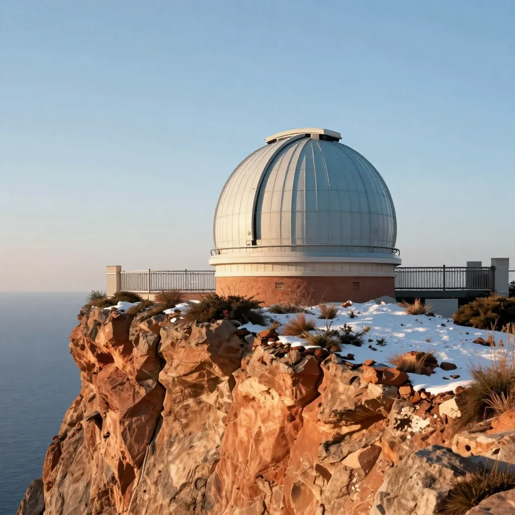 a cliffside observatory in crisp winter sunlight, high-end design magazine photography, atmospheric depth, terracotta and pale sky blue palette, no people, no text, no logo, no watermark