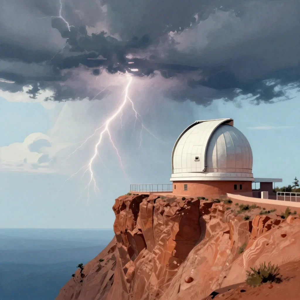 a cliffside observatory after a distant thunderstorm, modernist poster illustration, subtle film grain, terracotta and p