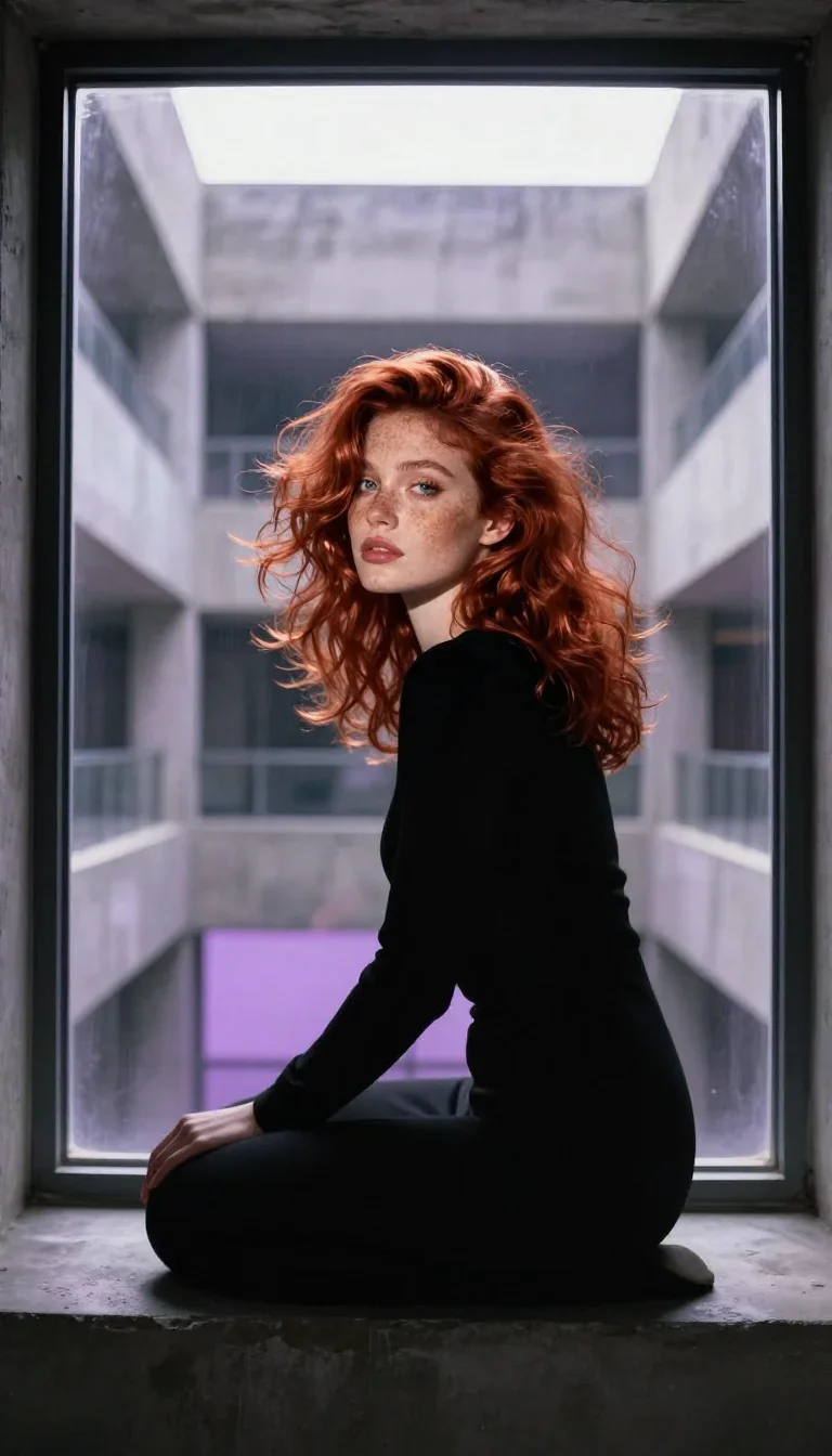 a muse with freckles and wind-tousled copper hair in a seated silhouette against a window, in a brutalist concrete atriu