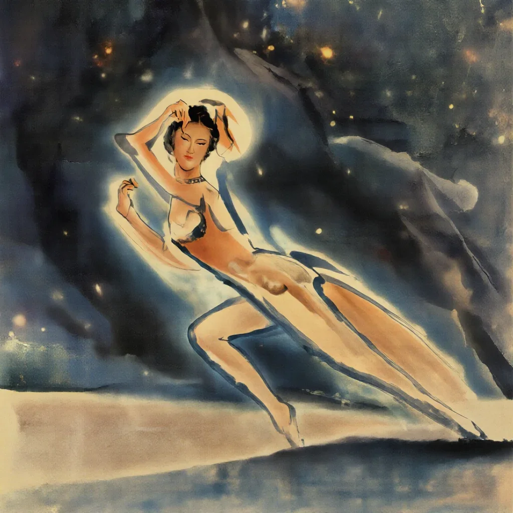 a spectral fox-spirit woman in an ink wash in a low lunge with a lifted chin, on a midnight dance floor, dreamlike fanta