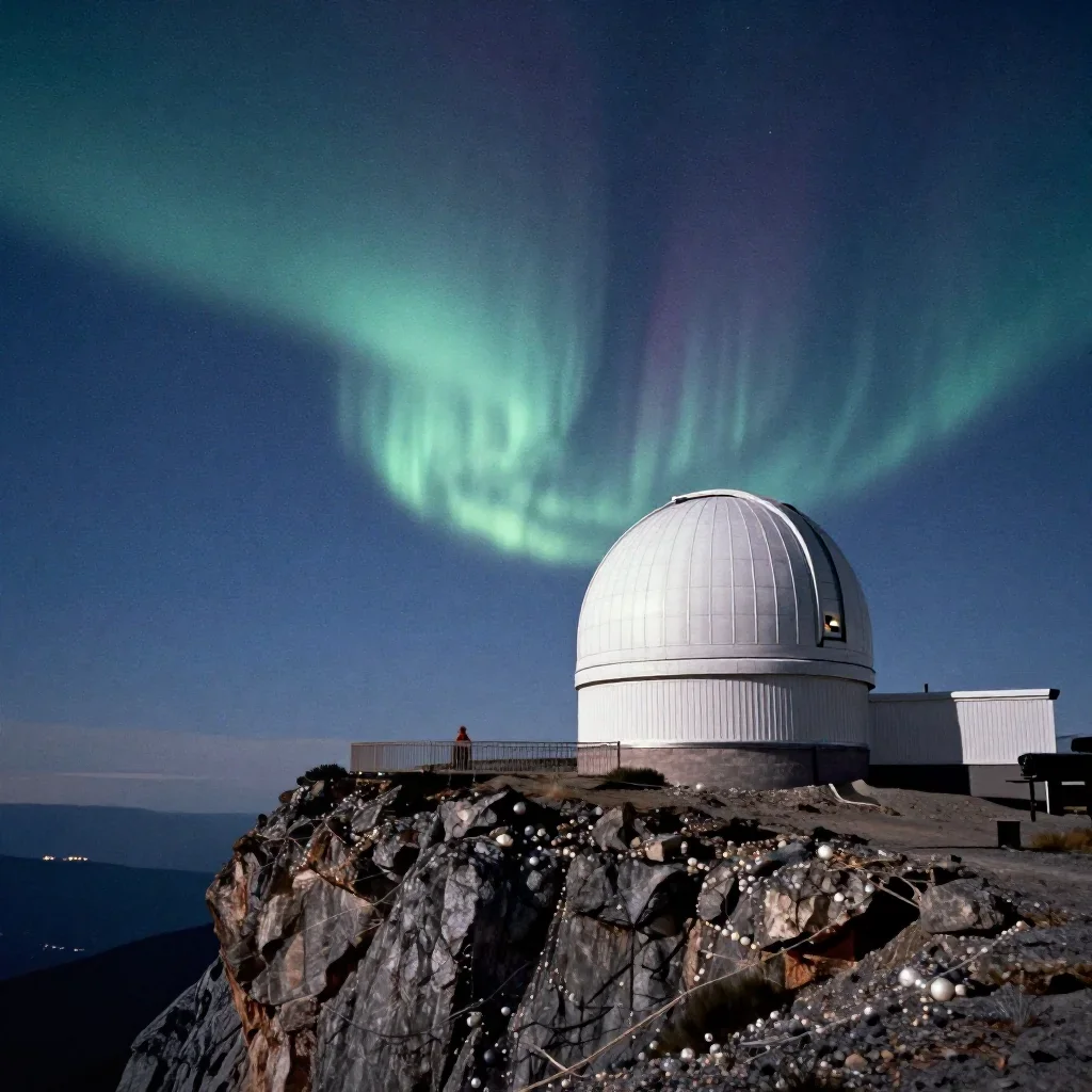 a cliffside observatory beneath an aurora, refined editorial travel photography, subtle film grain, indigo and pearl pal