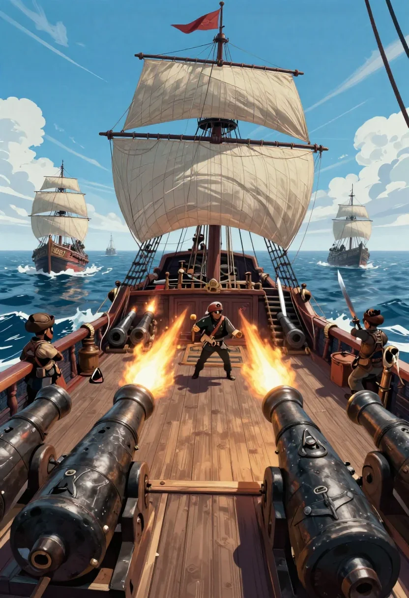 Build a first-person pirate game where I sail a galleon, fire cannons at enemy ships, and board them for a sword fight o