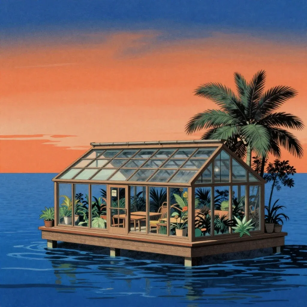 a floating botanical conservatory in a gentle sea breeze, Japanese woodblock-inspired editorial art, calm negative space