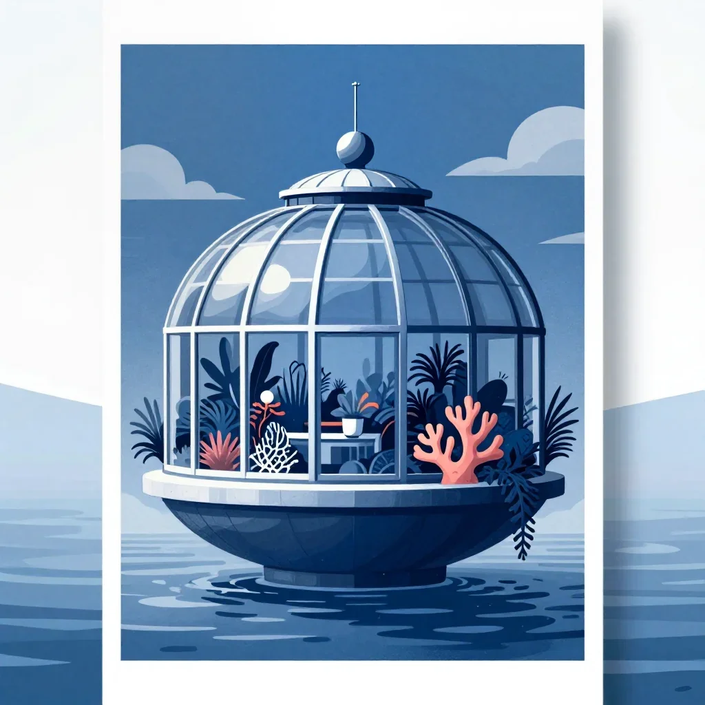 a floating botanical conservatory in a gentle sea breeze, modernist poster illustration, atmospheric depth, coral and mi