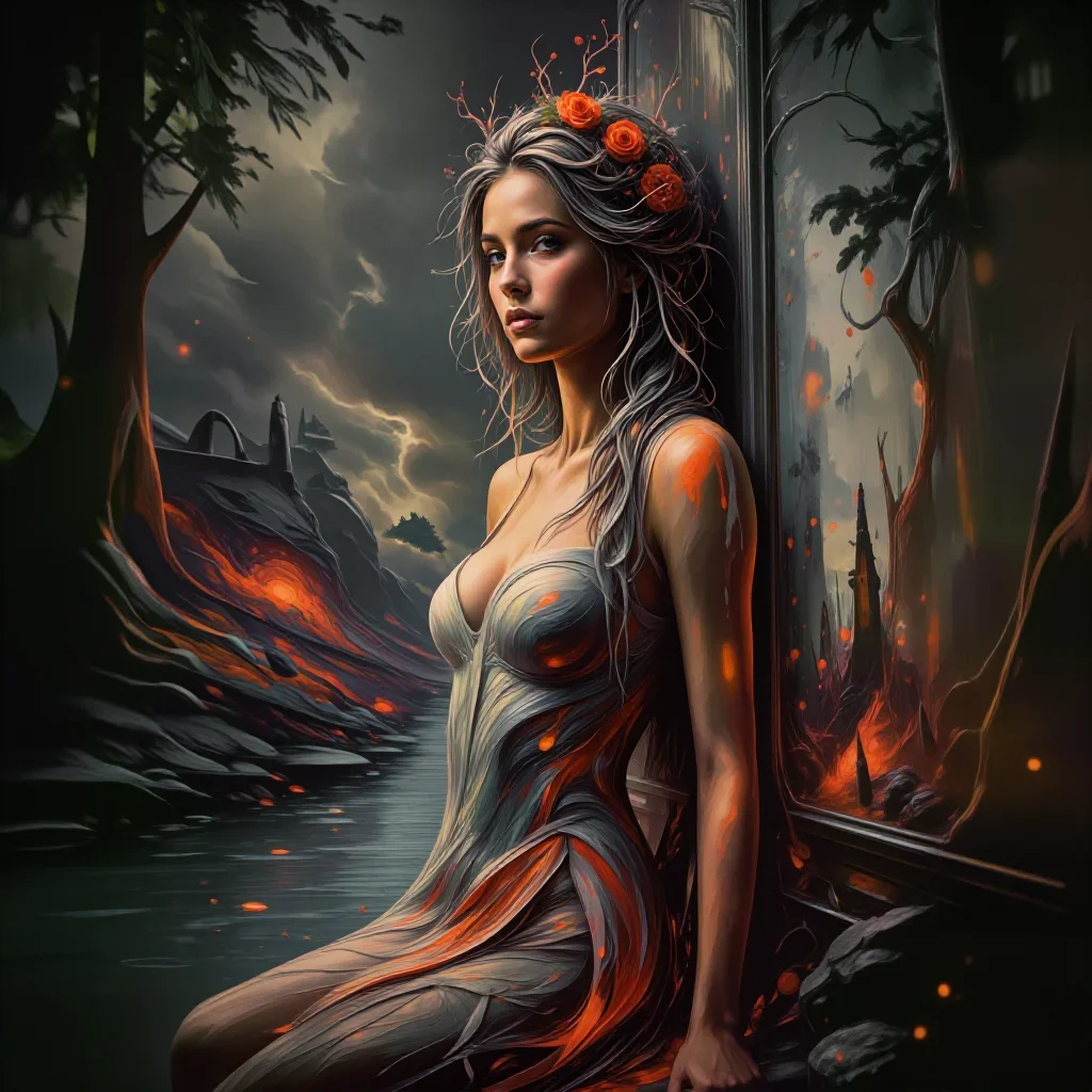 a dryad with vine-woven hair in a forest pool in a wind-swept lean against a wall, on a neon-lit rooftop at midnight, fu