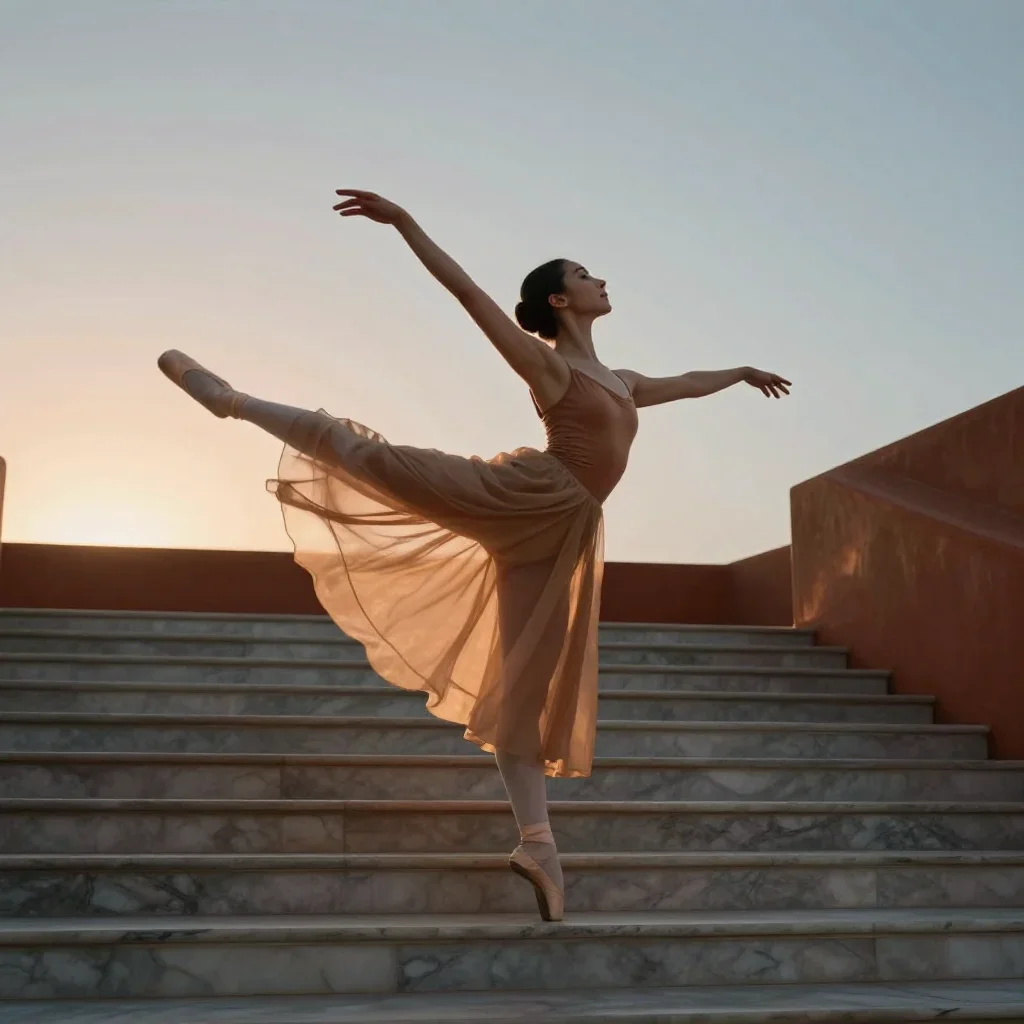 a ballet dancer in a bare-shoulder leotard, mid-extension mid-turn with fabric catching the light, on a marble staircase
