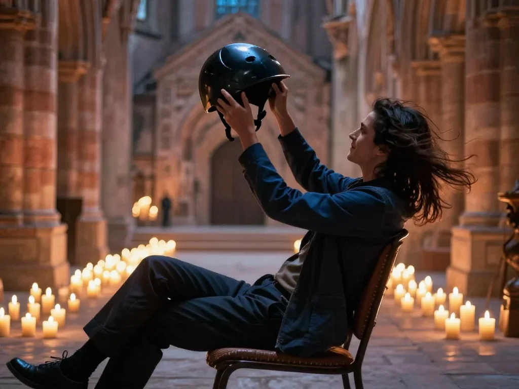 a rider removing a helmet, flushed and windblown reclining elegantly on a chaise, in a candle-lit cathedral ruin, cinema