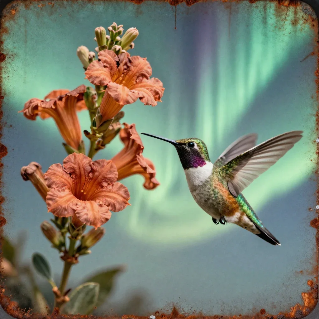 a hummingbird beside trumpet flowers beneath an aurora, high-end design magazine photography, weathered tactile surfaces