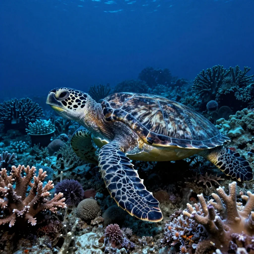 a sea turtle over a coral garden at blue hour, macro natural-history photography, crisp material detail, coral and midni