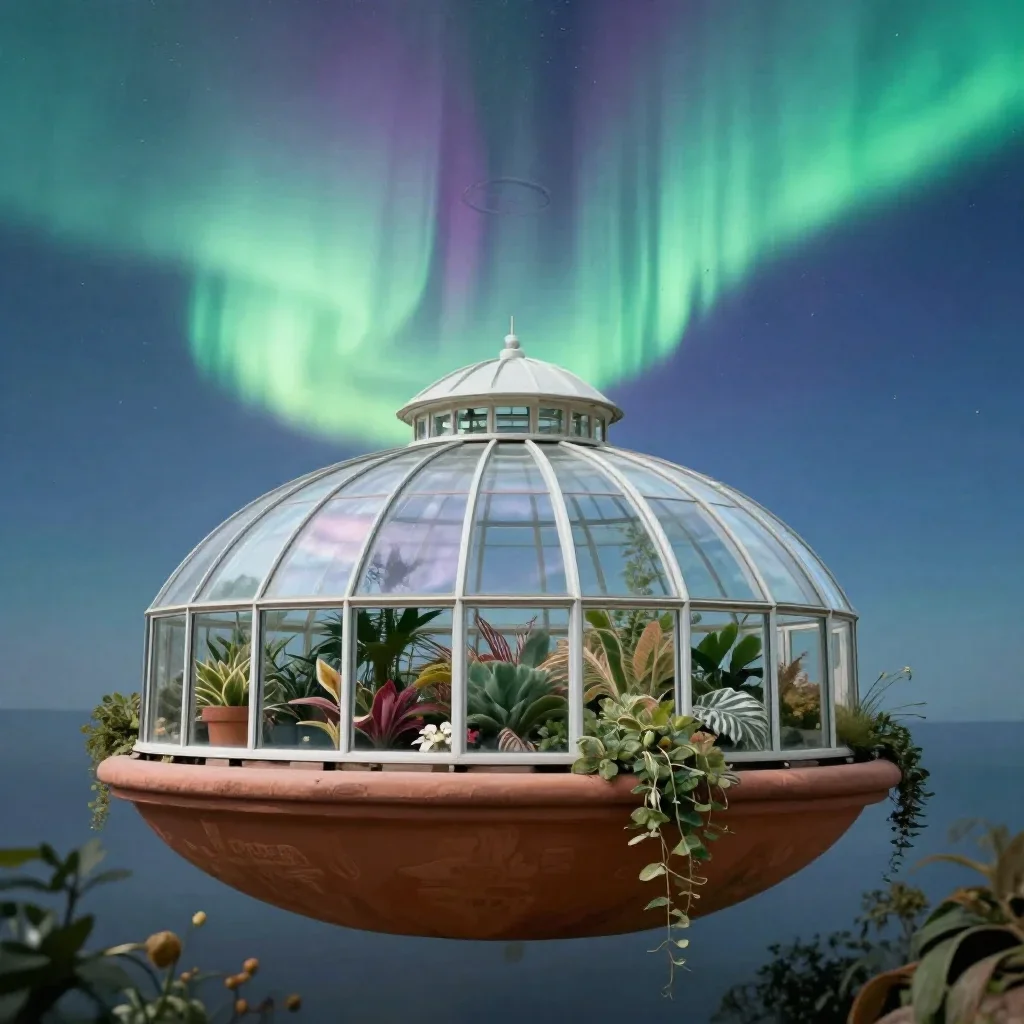 a floating botanical conservatory beneath an aurora, dreamlike fine-art landscape photography, soft volumetric light, te