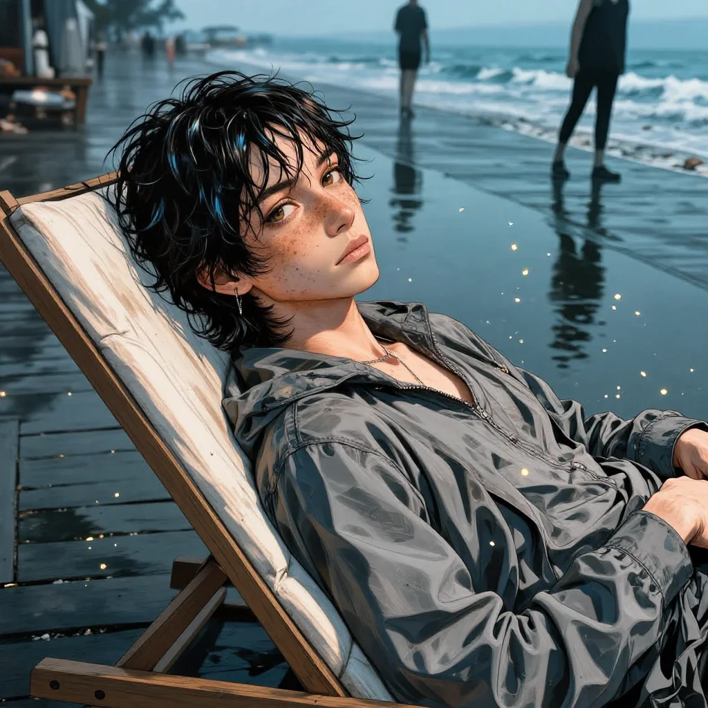 a streetwear influencer with wet-look hair reclining elegantly on a chaise, on a storm-washed boardwalk, cinematic film 