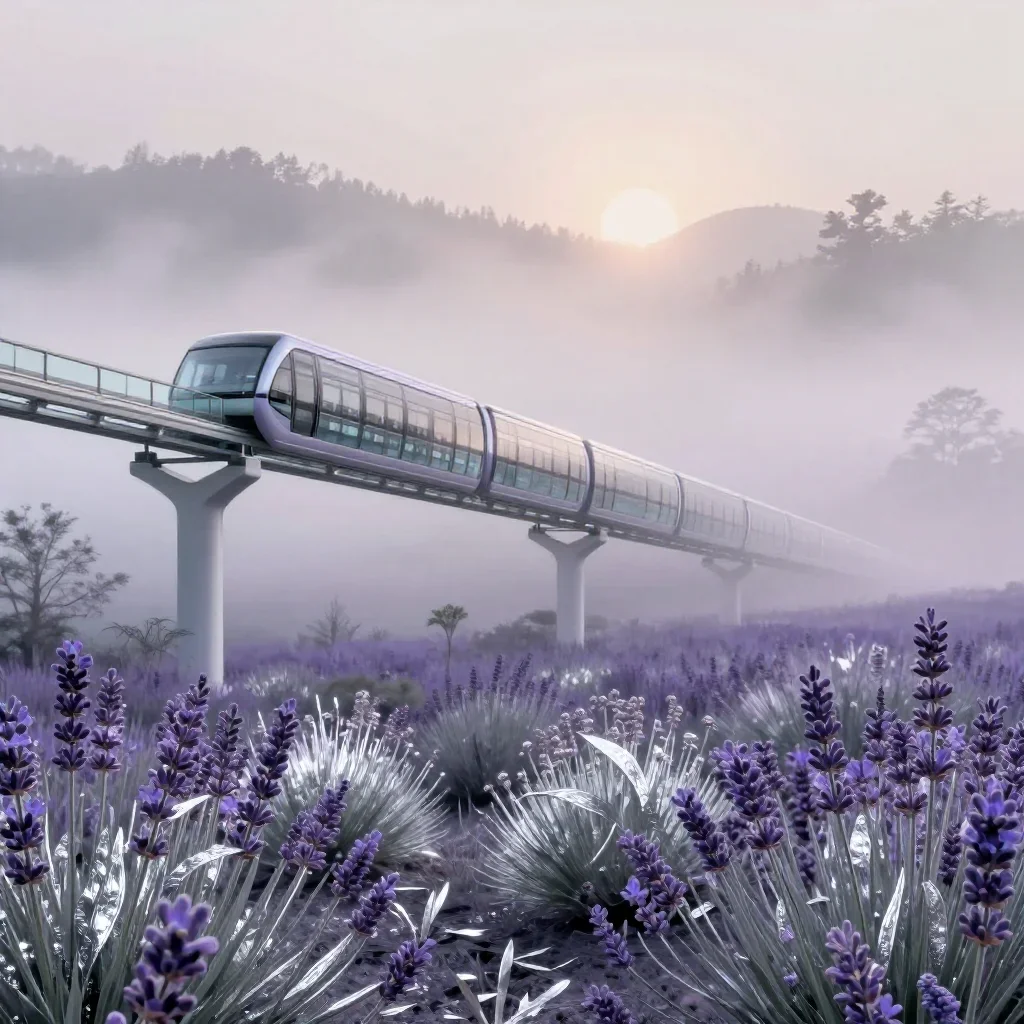 a glass monorail under soft dawn fog, contemporary botanical illustration, atmospheric depth, lavender and silver palett