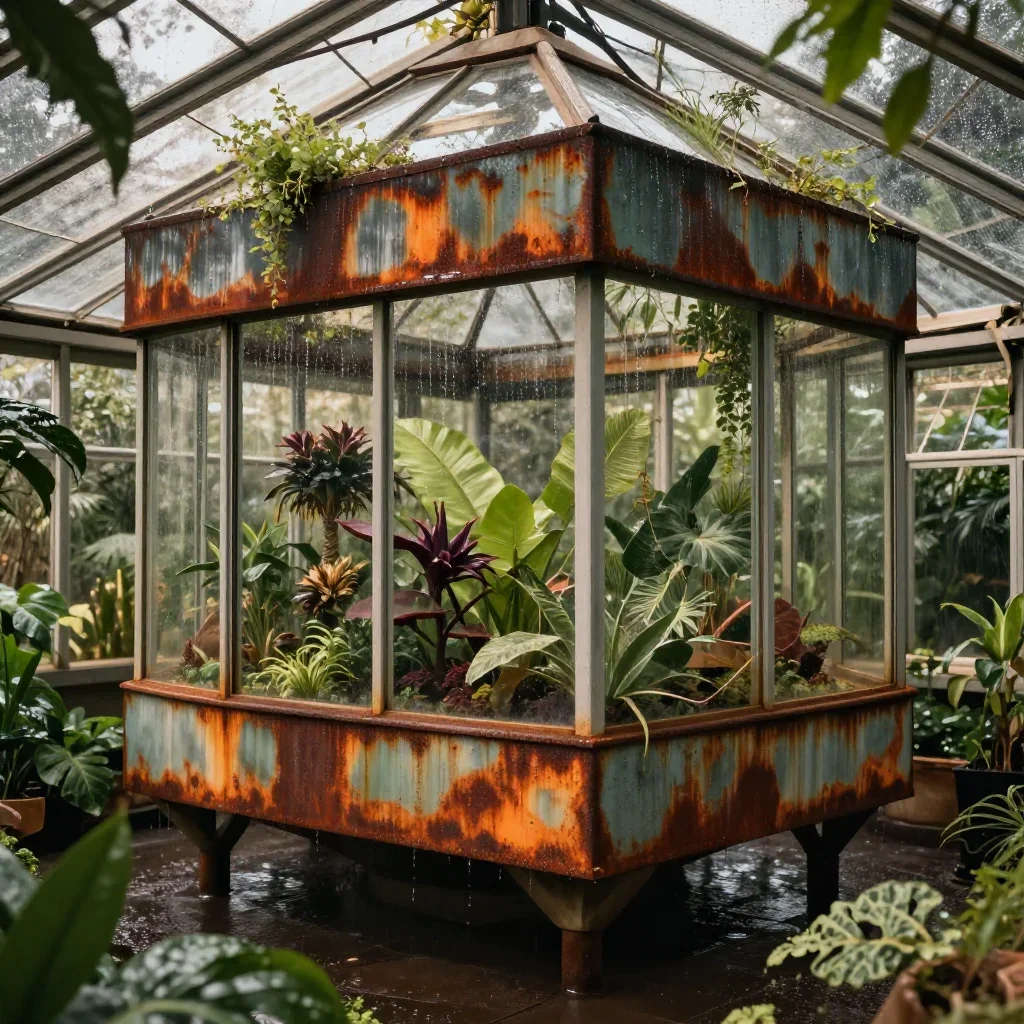 a floating botanical conservatory after warm summer rain, cinematic architectural photography, atmospheric depth, rust a