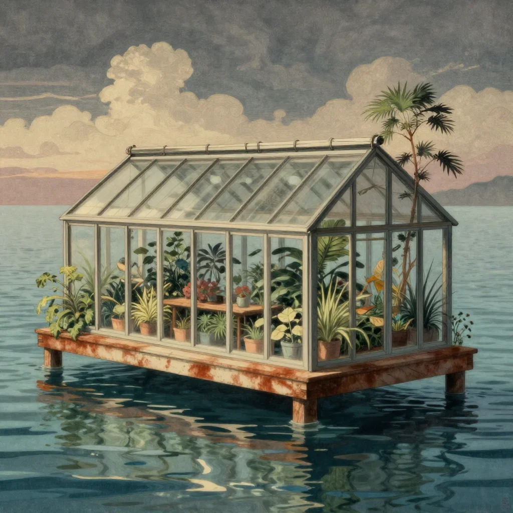 a floating botanical conservatory in a gentle sea breeze, Japanese woodblock-inspired editorial art, gentle reflected li