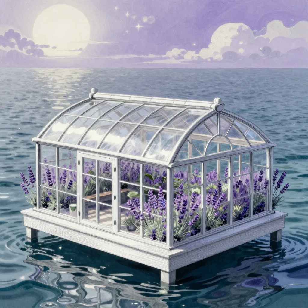 a floating botanical conservatory in a gentle sea breeze, Japanese woodblock-inspired editorial art, clean natural textu