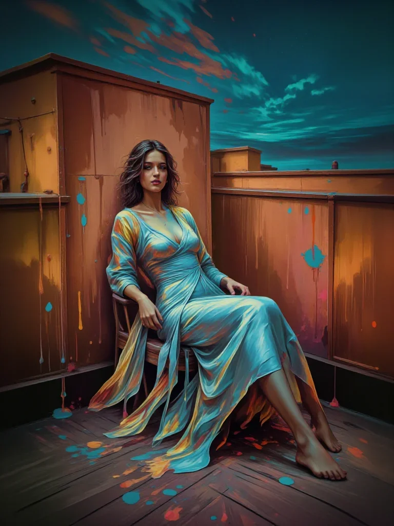 a young woman in a flowing silk gown reclining elegantly on a chaise, on a neon-lit rooftop at midnight, National Geogra