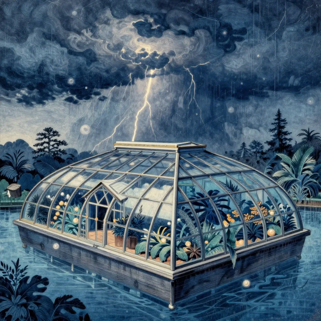 a floating botanical conservatory after a distant thunderstorm, Japanese woodblock-inspired editorial art, weathered tac