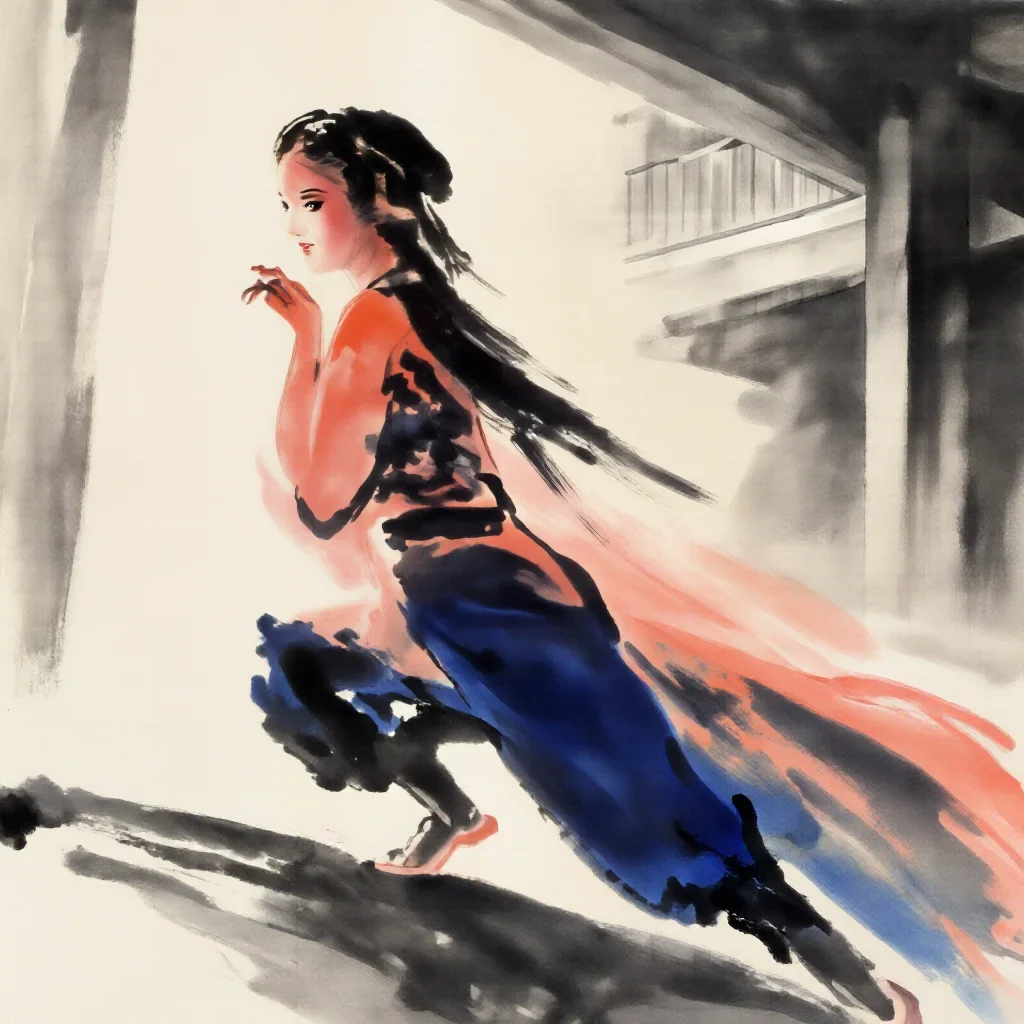 a spectral fox-spirit woman in an ink wash in a low lunge with a lifted chin, in a brutalist concrete atrium, high-fashi