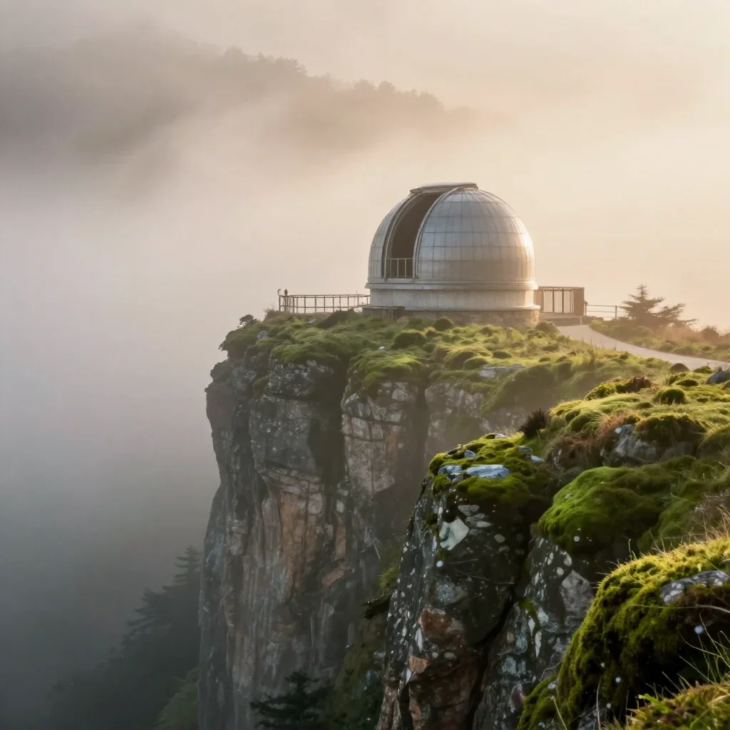 a cliffside observatory in early spring mist, dreamlike fine-art landscape photography, gentle reflected light, moss gre