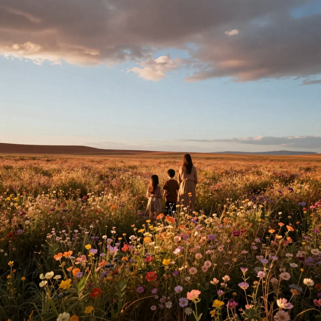 a field of giant wildflowers during golden hour, quiet science-fiction concept art, layered foreground framing, terracot