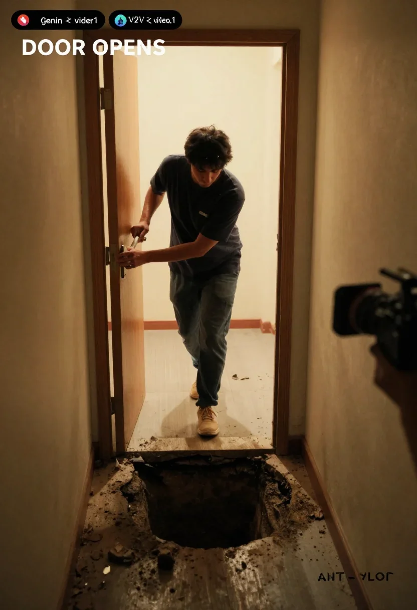 === DOOR OPENS → FLOOR COLLAPSES INTO EARTH/BASEMENT (realism) — V2V on <<<video_1>>> (gemini_part1) (~6.6s, match sourc