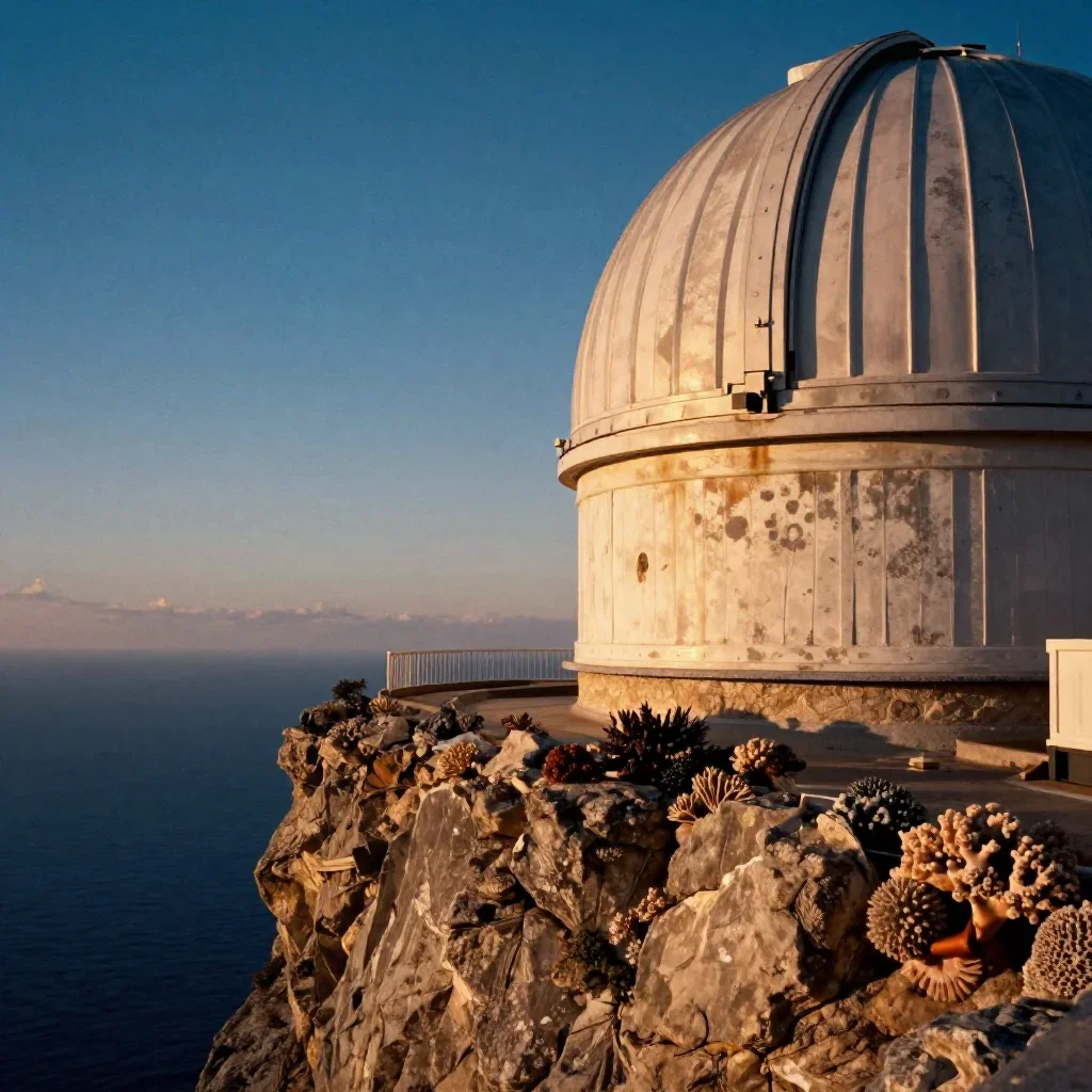 a cliffside observatory during golden hour, soft-grain analog film photography, weathered tactile surfaces, coral and mi