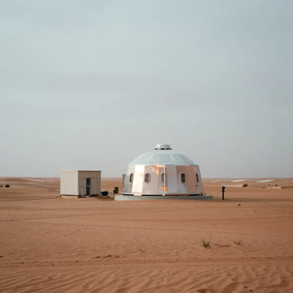 a desert research station under overcast coastal light, refined editorial travel photography, gentle reflected light, te