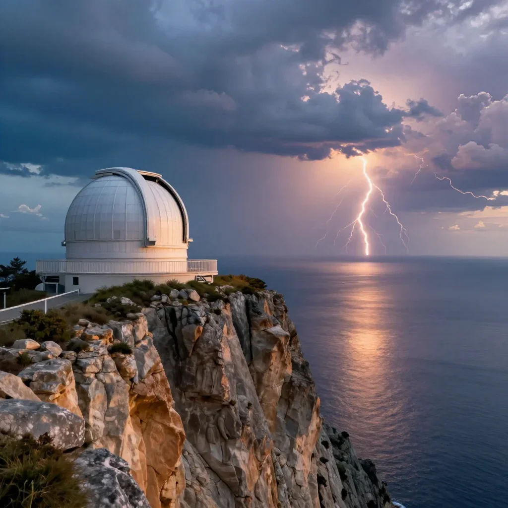 a cliffside observatory after a distant thunderstorm, refined editorial travel photography, gentle reflected light, coba