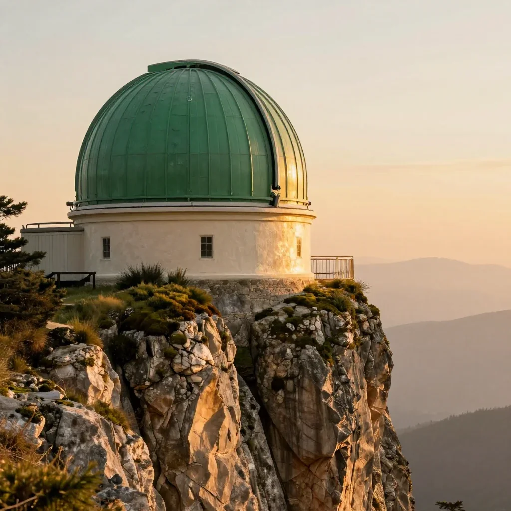 a cliffside observatory during golden hour, refined editorial travel photography, weathered tactile surfaces, moss green