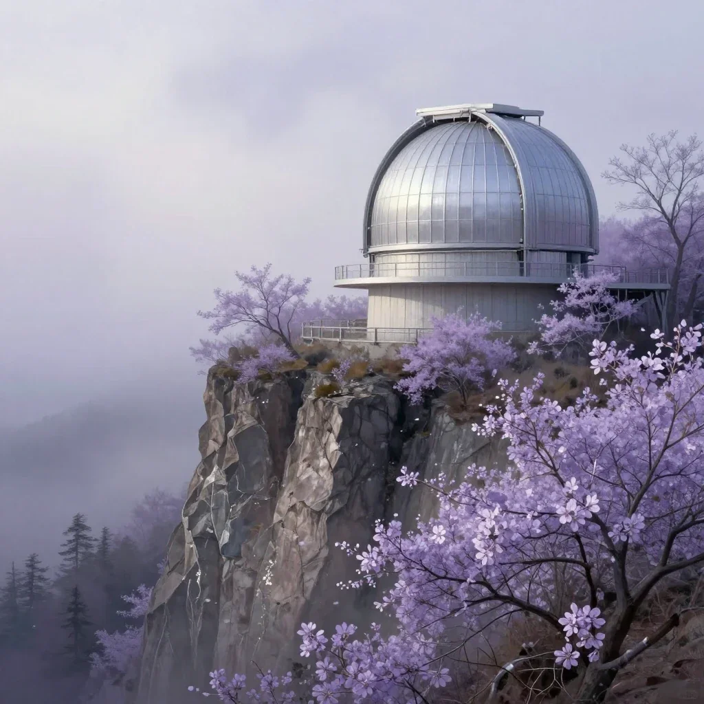 a cliffside observatory in early spring mist, contemporary botanical illustration, soft volumetric light, lavender and s