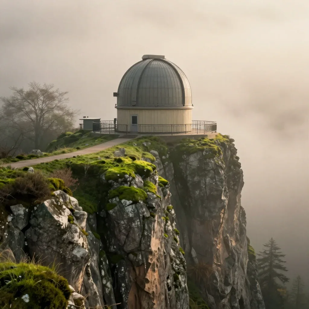 a cliffside observatory in early spring mist, museum-quality still-life photography, soft volumetric light, moss green a