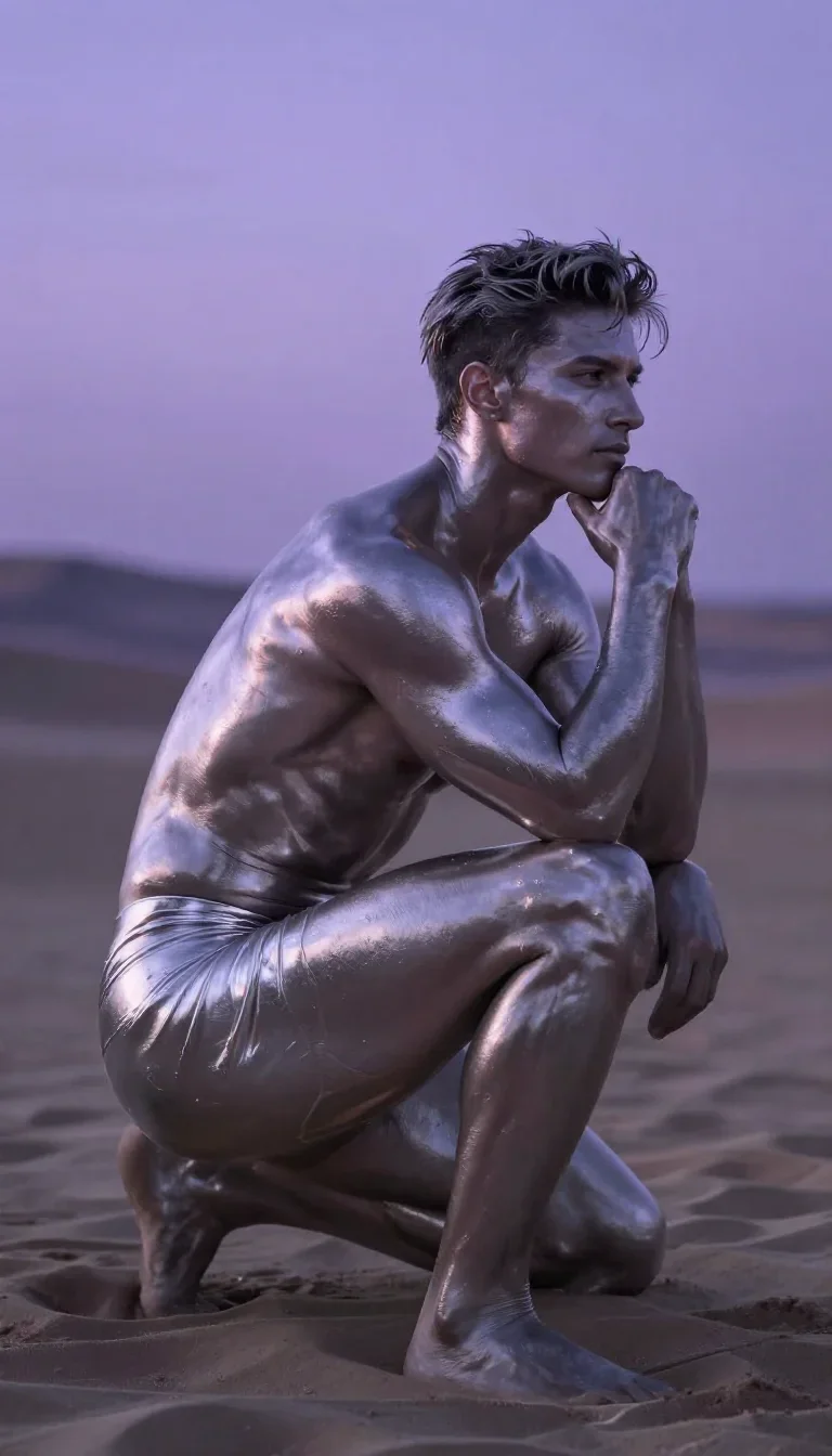 a chiseled athlete in dramatic rim light, oiled skin in a low lunge with a lifted chin, in a silent desert at twilight,