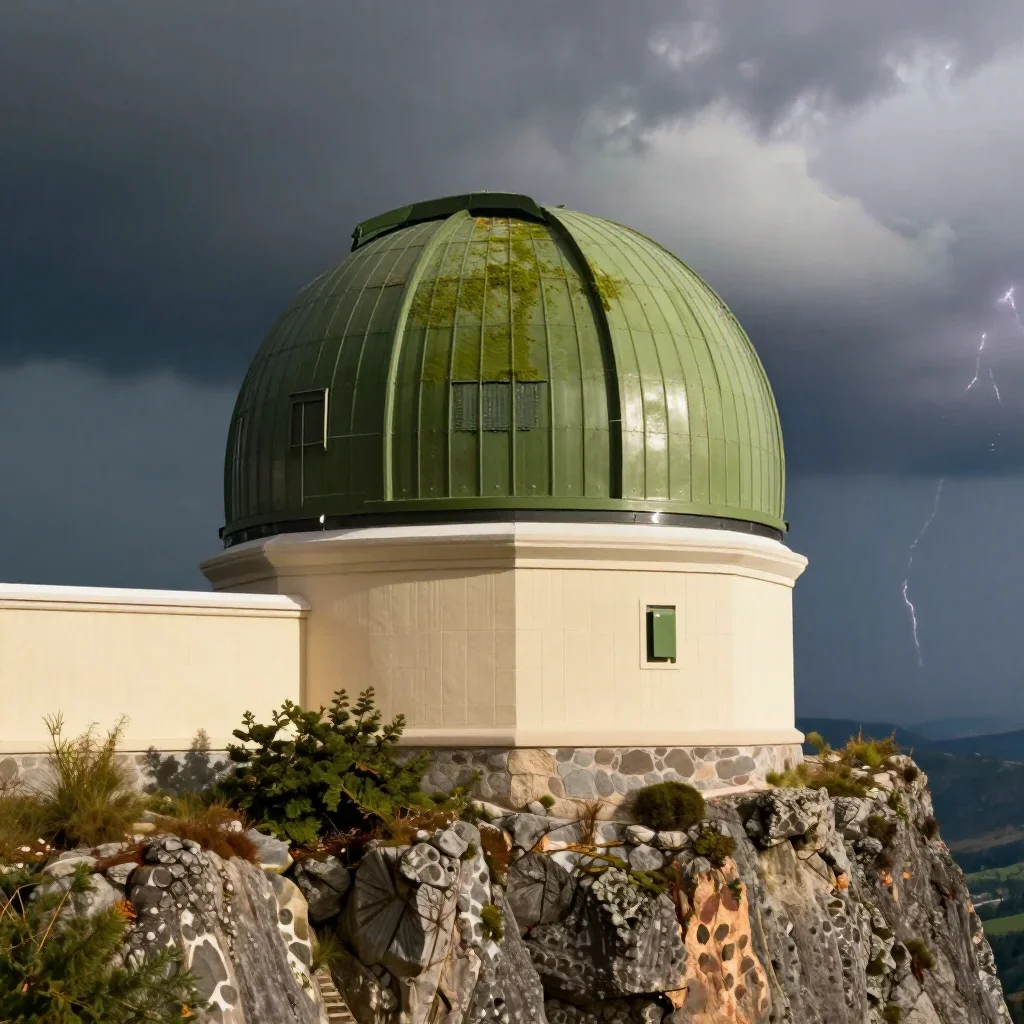 a cliffside observatory after a distant thunderstorm, cinematic architectural photography, careful geometric composition