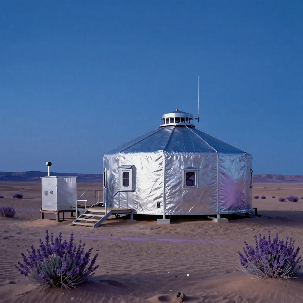 a desert research station at blue hour, Japanese woodblock-inspired editorial art, crisp material detail, lavender and s