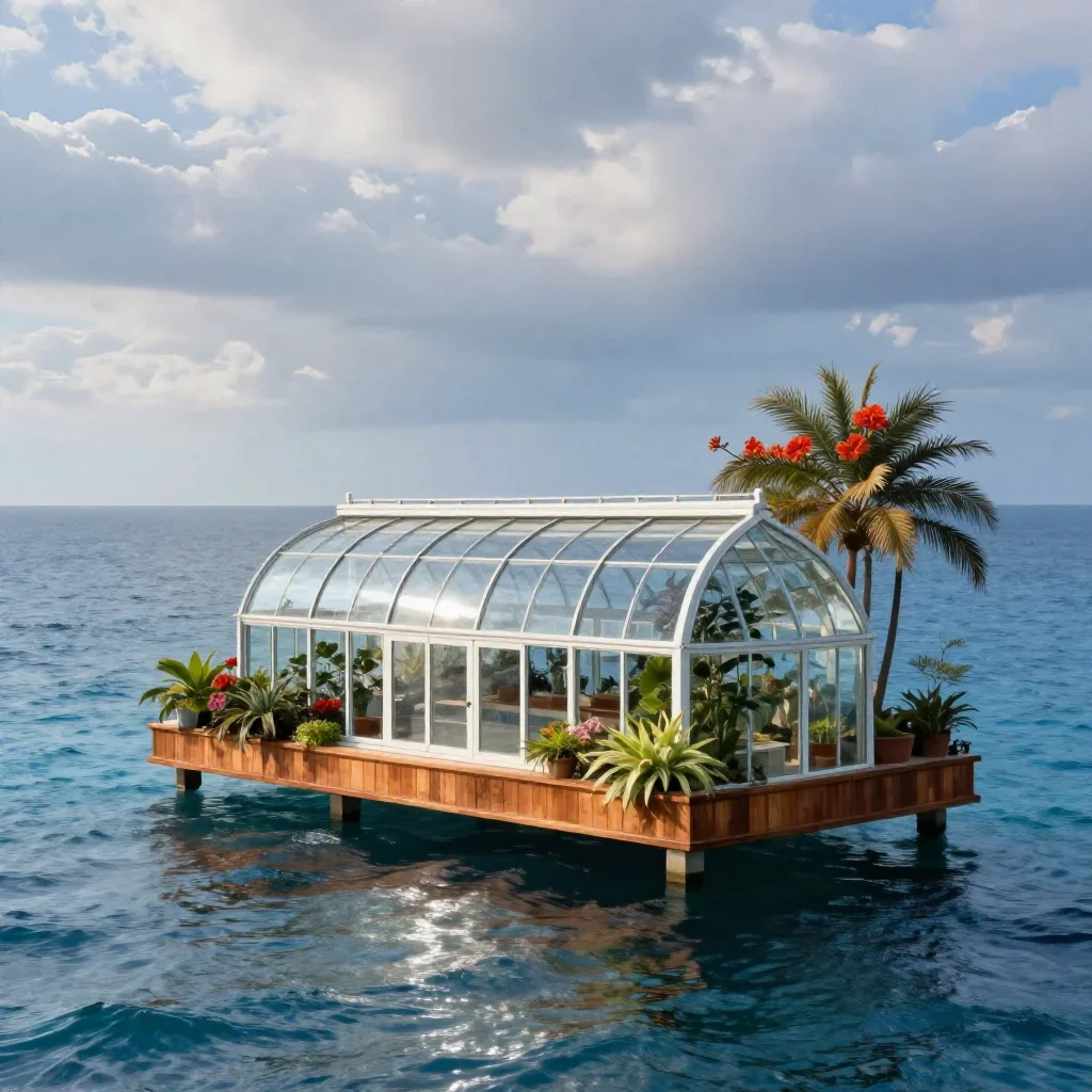 a floating botanical conservatory in a gentle sea breeze, dreamlike fine-art landscape photography, calm negative space,
