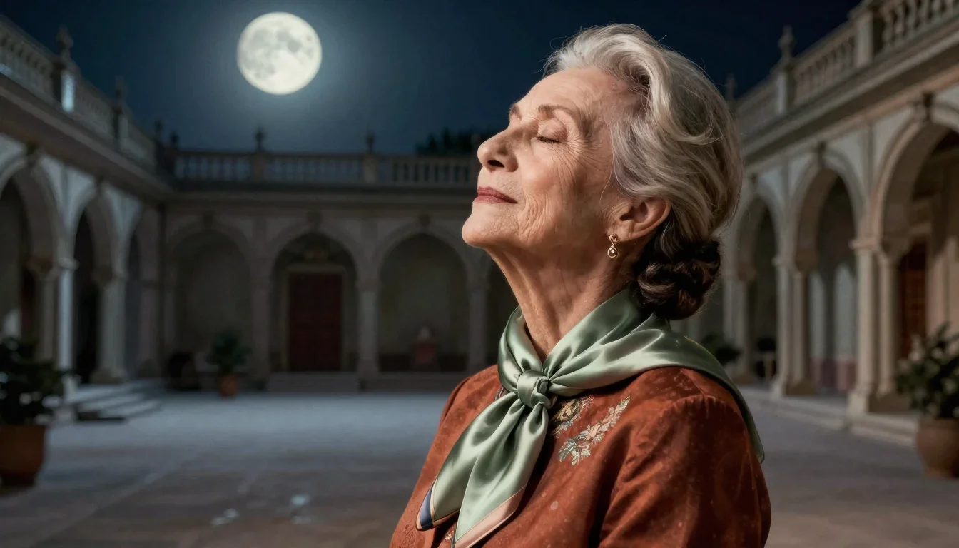 an elegant older stateswoman in a silk scarf in a deep breath with eyes closed, in a moonlit palace courtyard, Vogue-sty