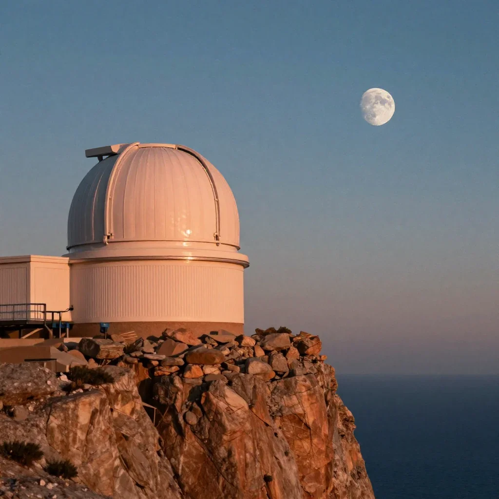 a cliffside observatory at moonrise, cinematic architectural photography, subtle film grain, ochre and ultramarine palette, no people, no text, no logo, no watermark