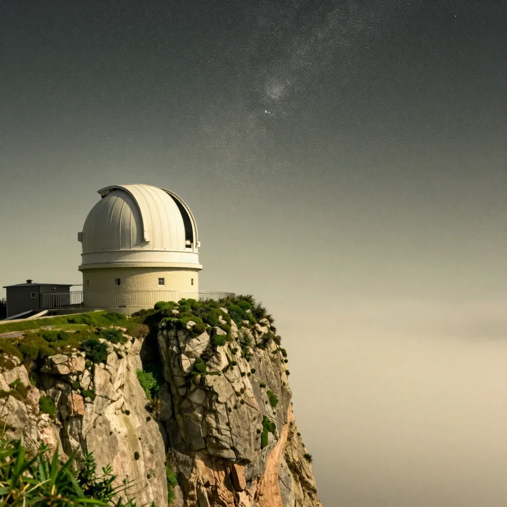 a cliffside observatory beneath a star-filled sky, refined editorial travel photography, calm negative space, moss green