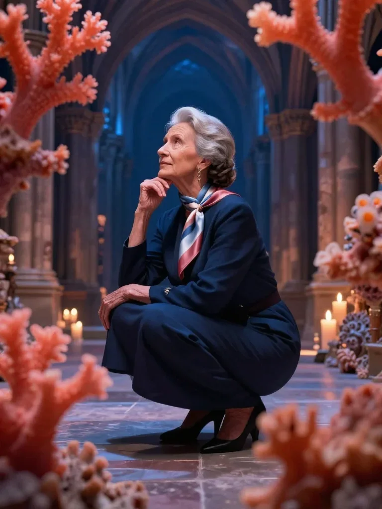 an elegant older stateswoman in a silk scarf in a low lunge with a lifted chin, in a candle-lit cathedral ruin, dreamlik