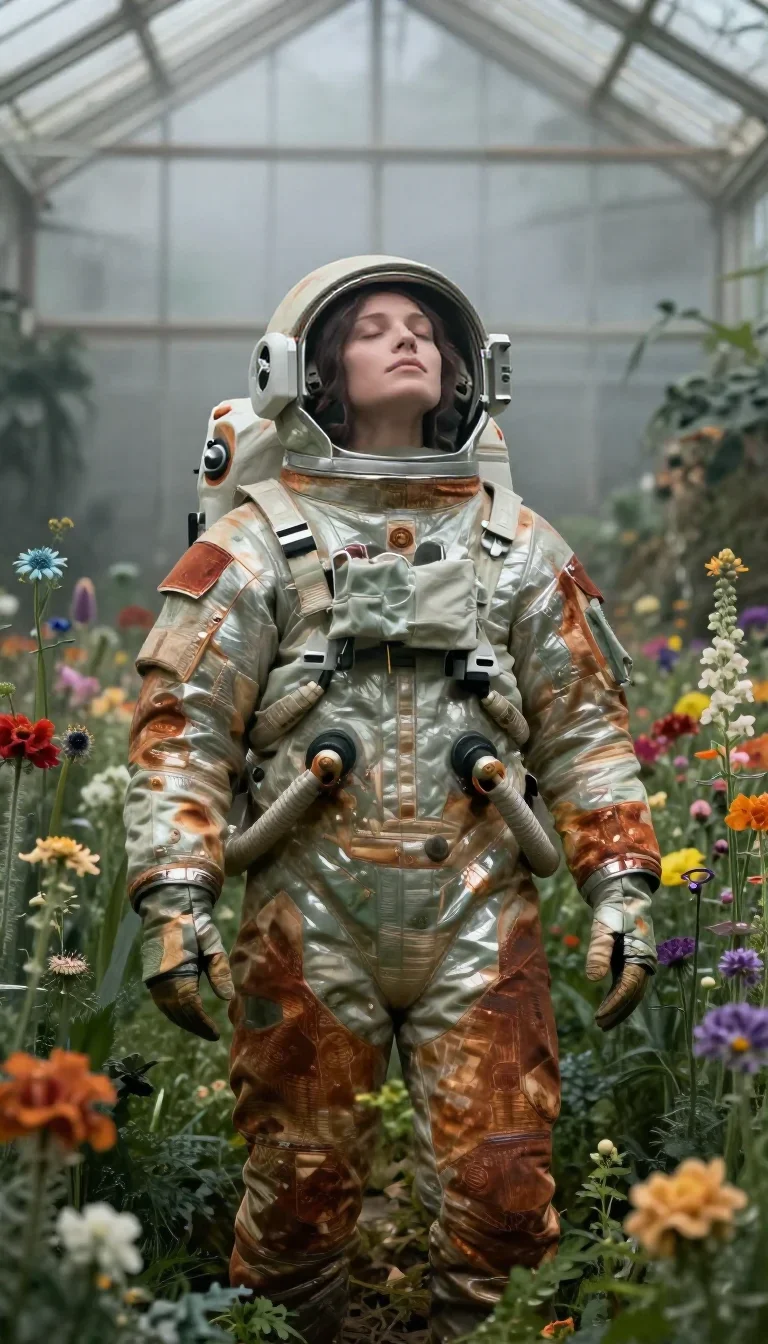 an astronaut in a reflective bodysuit among wildflowers in a deep breath with eyes closed, in a greenhouse humid with mi