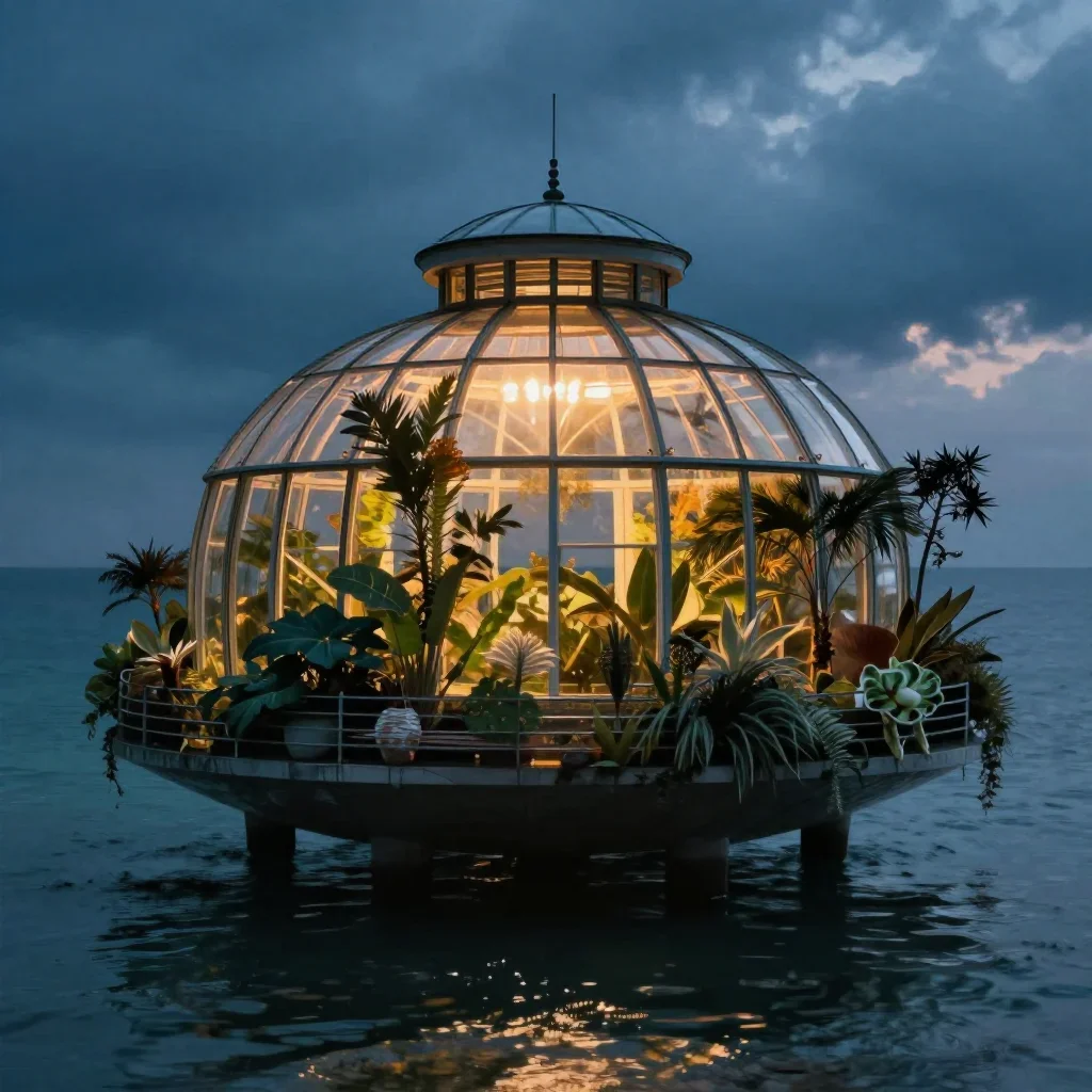 a floating botanical conservatory in a gentle sea breeze, cinematic architectural photography, atmospheric depth, cobalt