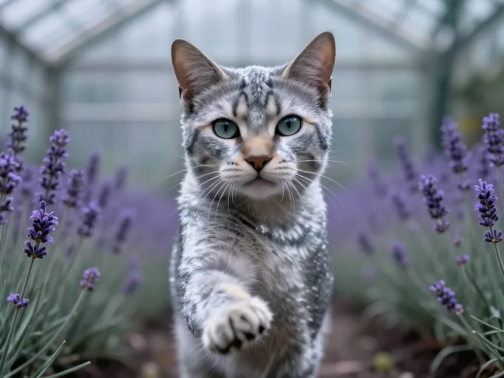 a feline-featured model with gold ear cuffs in a gentle reach toward the lens, in a greenhouse humid with mist, Wong Kar