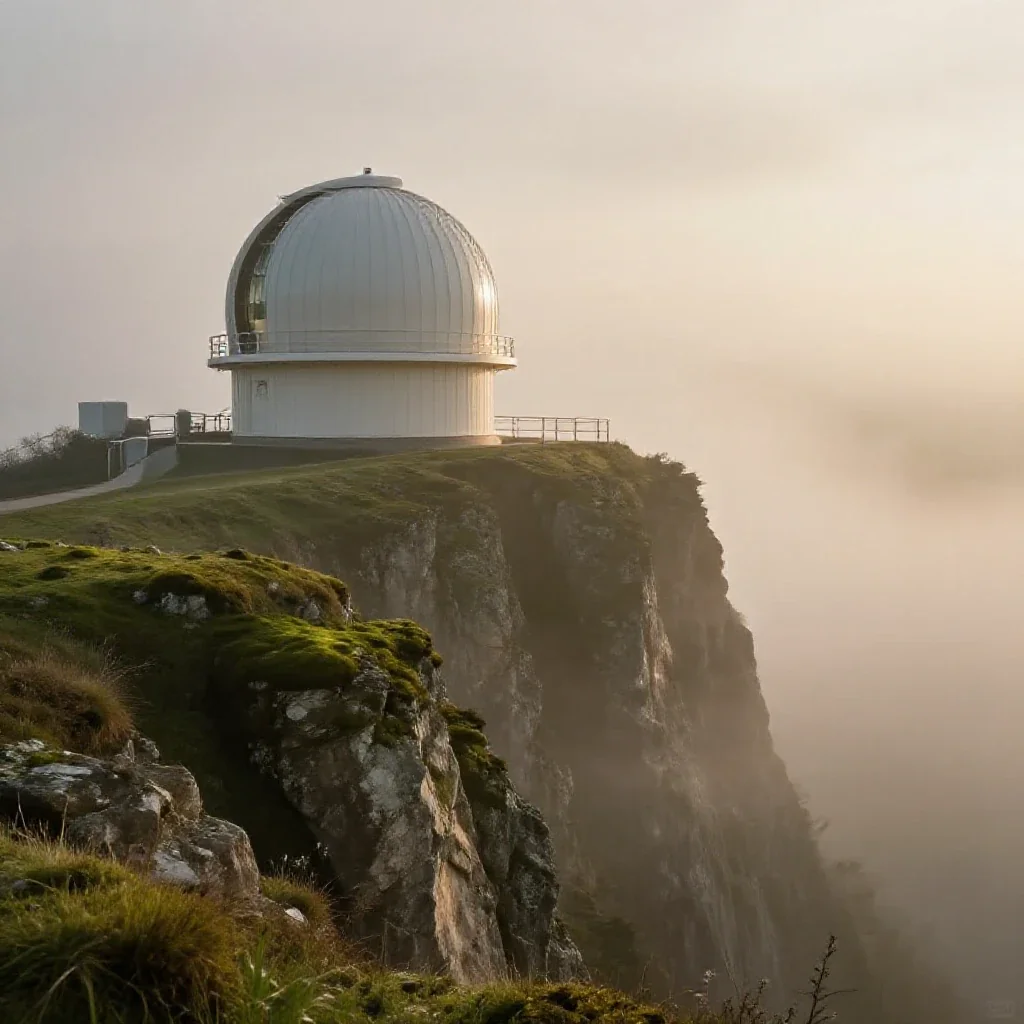 a cliffside observatory in early spring mist, high-end design magazine photography, soft volumetric light, moss green an