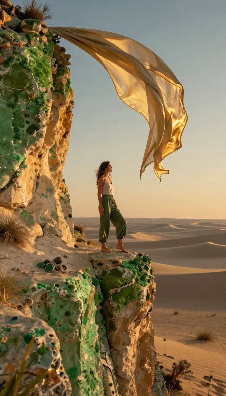 a travel influencer posing on a cliffside at golden hour mid-turn with fabric catching the light, in a silent desert at 