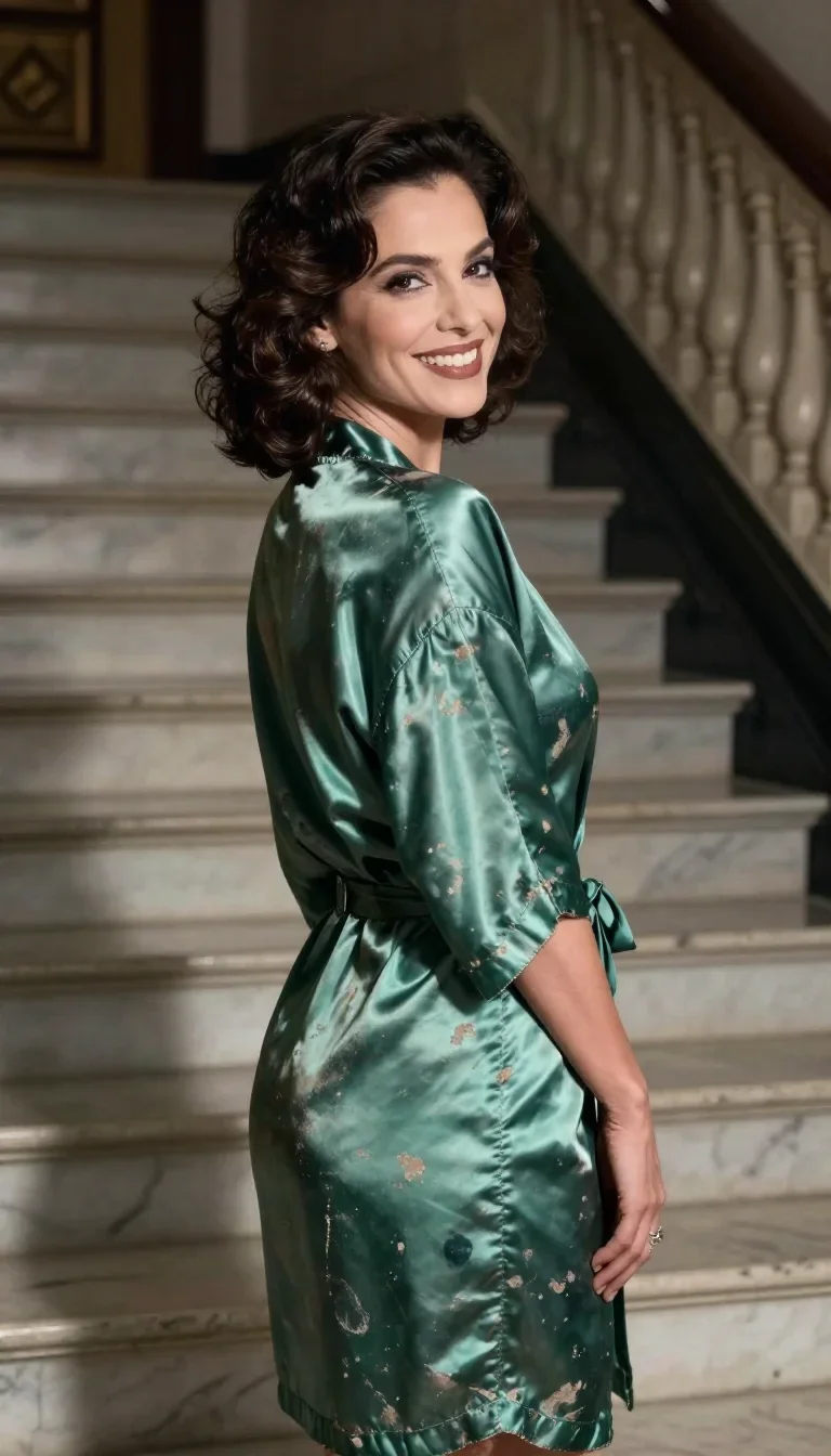 a smiley lounge singer in a satin robe in an alluring over-the-shoulder glance, on a marble staircase at dawn, cinematic