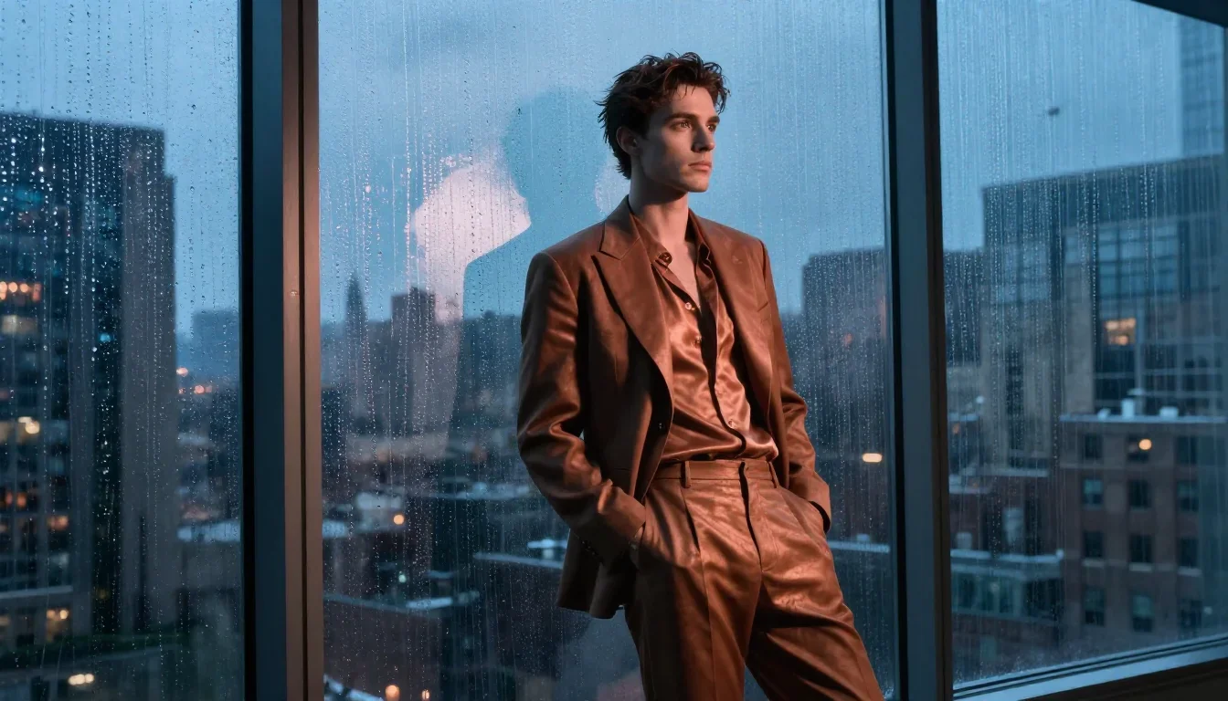 a lover leaning against rain-streaked glass standing tall with hands in pockets, in a blue-hour city apartment, Vogue-st