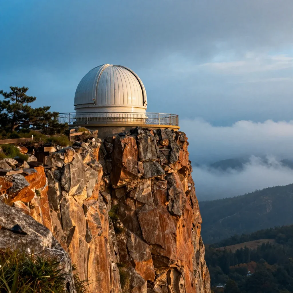 a cliffside observatory after warm summer rain, dreamlike fine-art landscape photography, atmospheric depth, ice blue an