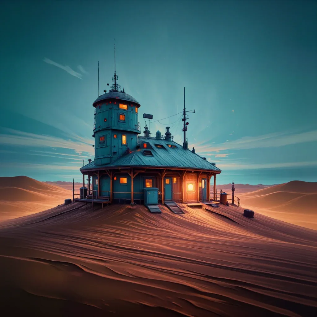 a desert research station at blue hour, Japanese woodblock-inspired editorial art, restrained color harmony, terracotta