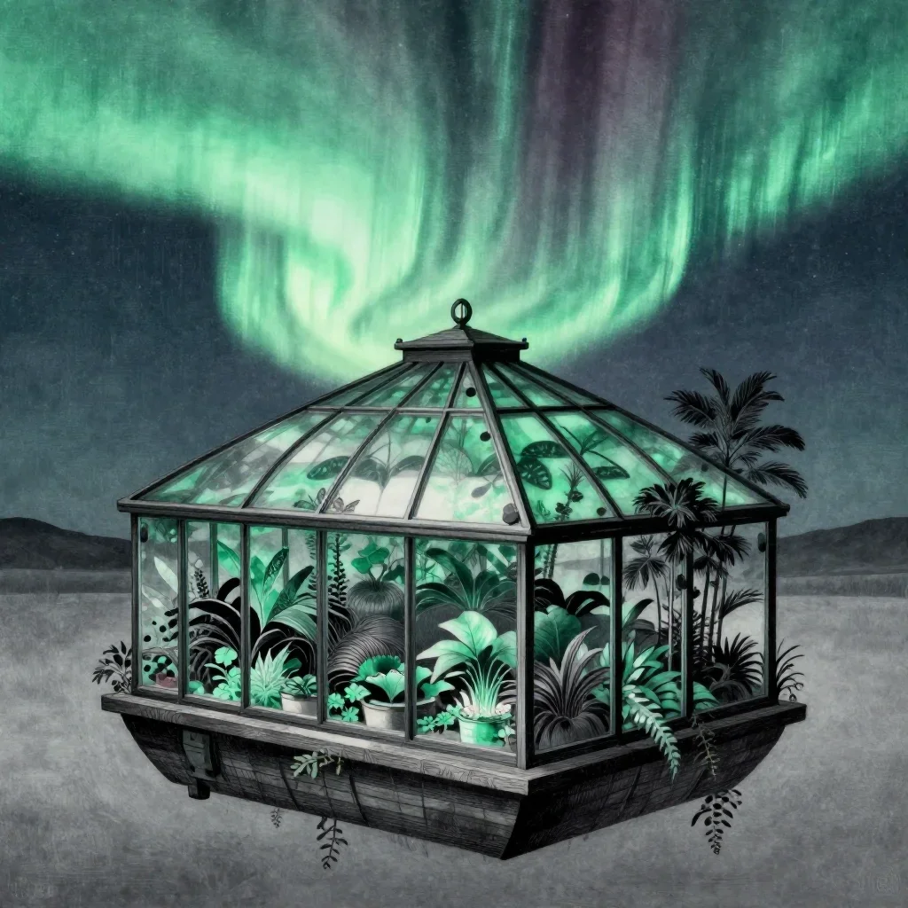 a floating botanical conservatory beneath an aurora, Japanese woodblock-inspired editorial art, crisp material detail, j